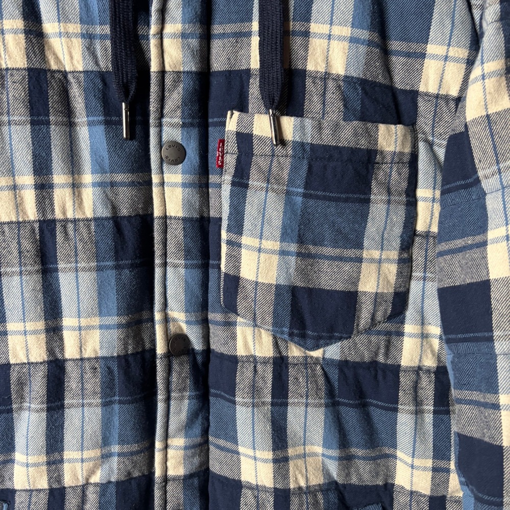 Levis Mens Blue Plaid Quilted Hooded Flannel Shirt Jacket Insulated Size Medium - Picture 2 of 12